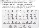 The Cistercian monks invented a numbering system in the 13th century which meant that any number from 1 to 9999 could be written using a single symbol CEN Y P P P P P 2 3 456 7 H ༡ ། ། ། ཀ 110 20 30 ༥ ཤ 40 50 60 70 80 90 L F C b b b レトレト bb 100 200 300 400 500 600 700 800 900 1000 2000 3000 4000 5000 6000 7000 8000 9000 DARY A 1993 4723 6859 7085 9433