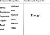 Even if you can't be any of these... Know that you will always be this Intelligent Strong Wise Courageous Resilient Dependable Enough Lucky Capable Beautiful Tough Happy Kind