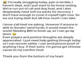 I'm really struggling today, pain is terrible, I haven't slept, and I just want to be home resting. We've run out of cat and dog food, and I also desperately need soft ice packs for recovery. I don't have enough to cover it myself right now. So we out trying dash but idk how much I can take. I know y'all tired me asking. However if anyone is able to donate/ send funds, it would mean the world! Needing $80 to finish up, so I can go lay down Even prayers and positive thoughts are deeply appreciated. I just need help getting through today so I can recover safely. I can send picture proof of anything I buy. If their extra. I'm gonna get Chinese cause its my comfort food. Thank you from the bottom of my heart.