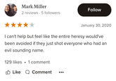 Mark Miller 2 reviews 5 followers Follow January 30, 2020 I can't help but feel like the entire heresy would've been avoided if they just shot everyone who had an evil sounding name. 129 likes 1 comment Like Q Comment