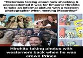 *Historians talking about how shocking & unprecedented it was for Emperor Hirohito to take an informal picture with a western photographer when meeting Macarthur* Hirohito taking photos with westerners back when he was crown Prince