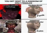 YOU GET SENT TO A KINGDOM OF ONLY FEMALES It's from Chinese mythology It's from Greek mythology Panik you drank water from a nearby river you are an honourable warrior Kalm