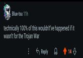Blue-tsu 11h technically 100% of this wouldn't've happened if it wasn't for the Trojan War ← Reply 14,