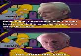 SENATE Good night, Chancellor. Don't forget to give back the emergency powers after this crisis SENATE Yes. After this crisis