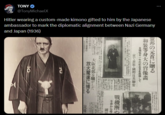 日獨協定一年の記念日を祝して 和装等身大の背像講 盟邦の元首に贈る 京で表装・国際反共聯盟 戰機漸 助力を 今夜から 大阪北郊を騒がした 昔はぬ勇士 放火魔遽に捕る 軍馬の慰霊祭 銃後 十一ヶ所に上る犯行を自白 TONY @TonyMichaelX Hitler wearing a custom-made kimono gifted to him by the Japanese ambassador to mark the diplomatic alignment between Nazi Germany and Japan (1936) 73
