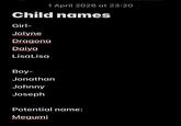 1 April 2026 at 23:20 Child names Girl- Jolyne Dragona Daiya LisaLisa Boy- Jonathan Johnny Joseph Potential name: Megumi