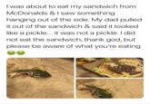 I was about to eat my sandwich from McDonalds & I saw something hanging out of the side. My dad pulled it out of the sandwich & said it looked like a pickle... it was not a pickle. I did not eat the sandwich, thank god, but please be aware of what you're eating