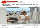 3rd Digital Nomad Transition Me... 3d + Follow "Remote work" and "location independence" are not the same thing. 121 ✓ Like ...more 31 Comments · 3 Reposts Share Comment