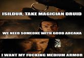 ISILDUR, TAKE MAGICIAN DRUID WE NEED SOMEONE WITH GOOD ARCANA I WANT MY F------ MEDIUM ARMOR imgflip.com