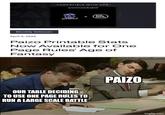 COMPATIBLE WITH OPR ANNOUNCEMENT PA T ONE PAGE RULES Monthly Releases April 3, 2026 Paizo Printable Stats Now Available for One Page Rules' Age of Fantasy OUR TABLE DECIDING TO USE ONE PAGE RULES TO RUN A LARGE SCALE BATTLE PAIZO imgflip.com