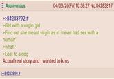 : Anonymous >>84283792 # >Get with a virgin girl 04/03/26(Fri)10:58:27 No.84283817 >Find out she meant virgin as in "never had sex with a human" >what? >Lost to a dog Actual real story and i wanted to kms >>84283899 #