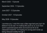March 2026 1 Episode September 2026-11 Episodes June 2027 - 12 Episodes October 2027 - 10 Episodes May 2028 - 9 Episodes I promise you, I wish this was a fake rage bait post, but I do believe it to be real. I'm making this post so us JoJo fans aren't surprised/upset when we found out its to be released in batches. I'm hoping I'm wrong and it ends up being released weekly though :(