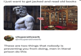 I just want to get jacked and read old books. MEME ZAR vituperativeerb @vituperativeerb These are two things that nobody is preventing you from doing, men in literal prison do this