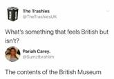 TRASH TRASH The Trashies @TheTrashiesUK What's something that feels British but isn't? Pariah Carey. @Sumzlbrahiim The contents of the British Museum