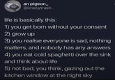 an pigeon,, @imskytrash life is basically this: 1) you get born without your consent 2) grow up 3) you realise everyone is sad, nothing matters, and nobody has any answers 4) you eat cold spaghetti over the sink and think about life 5) not bad, you think, gazing out the kitchen window at the night sky