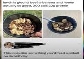 lunch is ground beef w banana and honey actually so good, 200 cals 22g protein This looks like something you'd feed a pitbull on its birthday