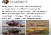 Dana Schwartz @DanaSchwartzzz Pangolins are cute because they always look like they're about to hesitantly present some bad news to their sovereign lord. "Pardon me sire... my liege if I may.... the prisoners.... they've..... well, they've escaped."