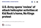 NEWSCHANNEL 5 INVESTIGATES ✪ X ☑ U.S. Army opens 'review' of attack helicopter activities at Kid Rock's home, No Kings protest Posted 12:54 PM, Mar 30, 2026 and last updated 8:24 PM, Mar 30, 2026 By: Phil Williams