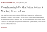 All Shorenstein APARC News / News / March 31, 2026 Voters Increasingly Use AI as Political Advisor. A New Study Shows the Risks. In an experiment during Japan's February 2026 Lower House election, policy stances dominated Al chatbots' voting guidance, and left-leaning stances caused five Al models to recommend the Japanese Communist Party. The results are driven by which sources models can access and have significant implications for democratic systems as they grapple with the future of elections in the Al era. Noa Ronkin