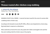NEWS Woman wanted after chicken coop stabbing by: Jackson Lilly, Riley McIlmoyle Posted: Apr 1, 2026 / 10:16 AM EDT Updated: Apr 1, 2026 / 08:42 PM EDT SHARE X in KANAWHA COUNTY, W.Va. (WOWK) - A warrant has been issued for the arrest of a woman after a stabbing inside a chicken coop. According to the Kanawha County Sheriff's Office, officers were dispatched to a home along Big Sandy Road in response to a disturbance. When authorities arrived at the scene, they spoke with a father and daughter who said that they were residing inside the chicken coop on the property.