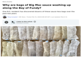 Nova Scotia Why are bags of Big Mac sauce washing up along the Bay of Fundy? One N.S. resident has discovered dozens of these sauce-less bags over the past two years Meig Campbell CBC News Posted: Mar 31, 2026 6:00 AM ADT | Last Updated: March 31 7 Listen to this article :::::__ Estimated 3 minutes Nova Scotia Beach Garbag Awareness