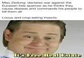 Mao Zedong: declares war against the Eurasian tree sparrow as he thinks they cause disease and commands his people to kill them all Locus and crop eating insects: It's Free Real Estate
