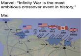Marvel: "Infinity War is the most ambitious crossover event in history." Me: Cherbourg 3º DI SWORD Valognes St-Martin-derVargville 824 Airb Ste-Mere-Eglise Ste-Marie-du-Mont 101 Airb Carentan Pointe du Hoc 1er DI 29€ DI Montebourg 25 Bt 50° DI 4º DI UTAH Rangers OMAHA GOLD 3° DI JUNO Isigny Saint-Lô Vierville Saint-Laurent Colleville Port-en-Bessin Arromanches Asnelles Saint-Aubin Ver-sur-mer Courseuties Benières • Luc-sur-mer Duistrehar Lion-sur-mer Hermanville Bayeux 6e Airb Caen Carpiquet Trearn