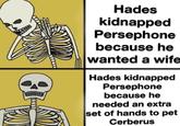 Hades kidnapped Persephone because he wanted a wife Hades kidnapped Persephone because he needed an extra set of hands to pet Cerberus