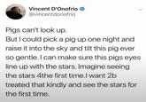 Vincent D'Onofrio @vincentdonofrio Pigs can't look up. But I could pick a pig up one night and raise it into the sky and tilt this pig ever so gentle. I can make sure this pigs eyes line up with the stars. Imagine seeing the stars 4the first time.I want 2b treated that kindly and see the stars for the first time.