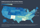 Child poverty in the United States Share (%) of children living in poverty in each US state 8 12.2 25.3 12.6 12.2 8.7 10.1 13.6 98 11.5 18.6 14.6 12.8 12.6 13:4 14.8 17.6 13.6 15.7 12.9 11.1 16.1 9.5 14.7 15.4 17.7 10.6 CT: 13.3% 20.1 10.7 12.7 14.9 13.2 14.4 21 17.6 DE: 15.2% 19.7 15.4 20.8 25.3 20.9 19.1 23.2 21.1 18.4 25 18.4 12.1 11.4 15.7 5 highest: New Mexico (25.3%), Louisiana (25%), Mississippi (23.2%), Alabama (21.1%) and Kentucky (21%). 5 Lowest: New Hampshire (8%), North Dakota (8.7%), Vermont (9%), Utah (9.5%) and Minnesota (10.1%). Created with Datawrapper