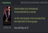 : Anonymous AMERICAN PSYCHO 138 KB JPG 06/09/22(Thu)18:43:54 No.169341828 >book written by a homosexual >movie directed by a woman >is the most popular movie among those who hate both of those groups How did they do it?