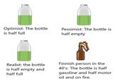Optimist: The bottle is half full Pessimist: The bottle is half empty Realist: the bottle is half empty and half full Finnish person in the 40's: The bottle is half gasoline and half motor oil and on fire.