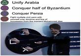 Unify Arabia Conquer half of Byzantium Conquer Persia Fight multiple civil wars with yourself over doctrine and line of succession from the moment Mohammad dies WHAT IS YOUR NAME? OUR SERIAL OU KILL HIM ayo EXPLAIN WHA