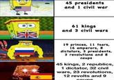 45 presidents and 1 civil war 61 kings and 3 civil wars S 19 princes, 11 tsars, 16 emperors, 8 dictators, 3 presidents, 3 revolutions and 8 coups 45 kings, 2 republics, 1 dictator, 32 civil wars, 23 revolutions, 12 revolts and 9