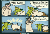 KB Comics: Wings What a cute owl bear! பே This is a GRIFFON, madam! Show her your wings, Dandelion! Ohhhhh... Yes, very impressive. Kelsie Brumet
