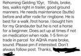 Rehoming Gelding 10yr, 15hds, broke, ties, walks right in trailer, good ground manners. He needs maintenance (butte) before and after rode for ringbone. He is best for a walk /trot horse. I bought him for my Grandauter but he is not a horse. for a beginner. Does act up at times if not on medication when rode. 1-5 firm or trade in parcel for AQHA mare broke, sound. Please pm if interested. Don't always follow post. Thanks,
