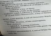ALBART GLOVER, Ma Motte, unwed, -ROBETT GLOVER, his brother and heir, -Robett's wife, SYBELLE of House Locke, their children: GAWEN, a boy of three, ERENA, a babe at the breast, Galbart's ward, LARENCE SNOW, natural sc of {Lord Halys Hornwood}, a boy of thirteer -HOWLAND REED, Lord of Greywater Watch crannogman, his wife, JYANA, of the crannogmen, their children: -MEERA, a young huntress, -JONJEN, a boy blessed with green sig -WYMAN MANDERLY, Lord of White Ha vastly fat,