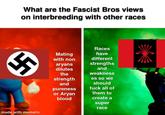 What are the Fascist Bros views on interbreeding with other races made with mematic Races Mating have different with non aryans dilutes the strength and pureness or A---- blood strengths and weakness es so we should f--- all of them to create a super race