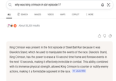 why was king crimson in sbr episode 1? ALL SEARCH IMAGES VIDEOS MAPS COPILOT MORE About 55,300 results 0 0 King Crimson was present in the first episode of Steel Ball Run because it was Diavolo's Stand, which he used to manipulate the events of the race. Diavolo's Stand, King Crimson, has the power to erase a 10-second time frame and foresee events in the next 10 seconds, making it effectively invincible in combat. This ability, combined with its immense physical strength, allowed King Crimson to counter or nullify enemy actions, making it a formidable opponent in the race. >> JoJo Wiki