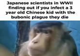 Japanese scientists in WWII finding out if you infect a 3 year old Chinese kid with the bubonic plague they die
