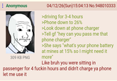 : Anonymous 309 KB PNG 04/12/26(Sun)15:04:13 No.948010333 >driving for 3-4 hours >Phone down to 26% >Look down at phone charger >Tell gf "hey can you pass me that phone charger" >She says "what's your phone battery at mines at 15% so I might need it more" Like bruh you were sitting in passenger for 4 f----- hours and didn't charge ya phone let me use it