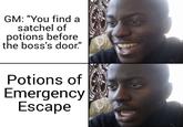 GM: "You find a satchel of potions before the boss's door." Potions of Emergency Escape