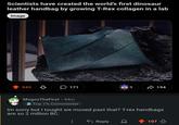 Scientists have created the world's first dinosaur leather handbag by growing T-Rex collagen in a lab Image 943 ♡ 171 0 1 194 Mogos TheFirst ⚫ 44m Top 1% Commenter Im sorry but I tought we moved past that? T-rex handbags are so 2 million BC. Reply 107