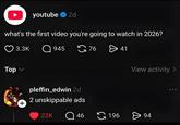 youtube 2d what's the first video you're going to watch in 2026? Top 3.3K Q945 G76 > 41 View activity > + pleffin_edwin 2d 2 unskippable ads 22K Q46 196 > 94 000