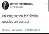 Shesus x Asphodel (SFA) @Thelfedolapo I'm sorry, but shouldn't British websites use biscuits? 11:59 AM 2021/08/10 Twitter for Android