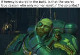 If heresy is stored in the balls, is that the secret true reason who only women exist in the sororitas?