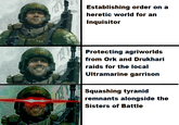 $12 Establishing order on a heretic world for an Inquisitor Protecting agriworlds from Ork and Drukhari raids for the local Ultramarine garrison Squashing tyranid remnants alongside the Sisters of Battle