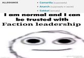 ALLEGIANCE • Camarilla (supposedly) Anarch (supposedly in secret) • Sabbat (actually) I am normal and I can be trusted with Faction leadership gharfield420 imgflip.com imgflip.com