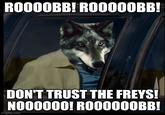 ROOOOBB! RO0000BB! DON'T TRUST THE FREYS! N000000! RO00000BB! imgflip.com