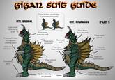 GIGAN SUIG Guide Light inside visor acts as pupil 1972, ORIGINAL Gigan is often colored blue in promotional material 1972, REFURBISHED (PART 1) Universal Cutter is a separate, rotating piece (Able to be switched out) Four horns down the neck Fiberglass claws Wings curve downward Shortened neck Claws have been hollowed out Wing-colored spikes Big feet often trip over set elements Three horns down the neck Wings reach upward Stems are much thicker Spikes are metal colored Scales cast from the same mold as King Ghidorah's